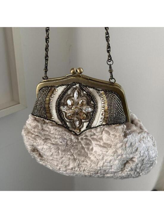 Handbags - Vintage 1920's Clamshell Faux Fur Rhinestone Purse